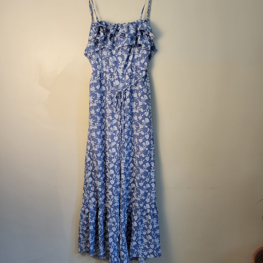 Fashion Blue White Floral Ruffle Wide Leg Jumpsuit Open Back Size M